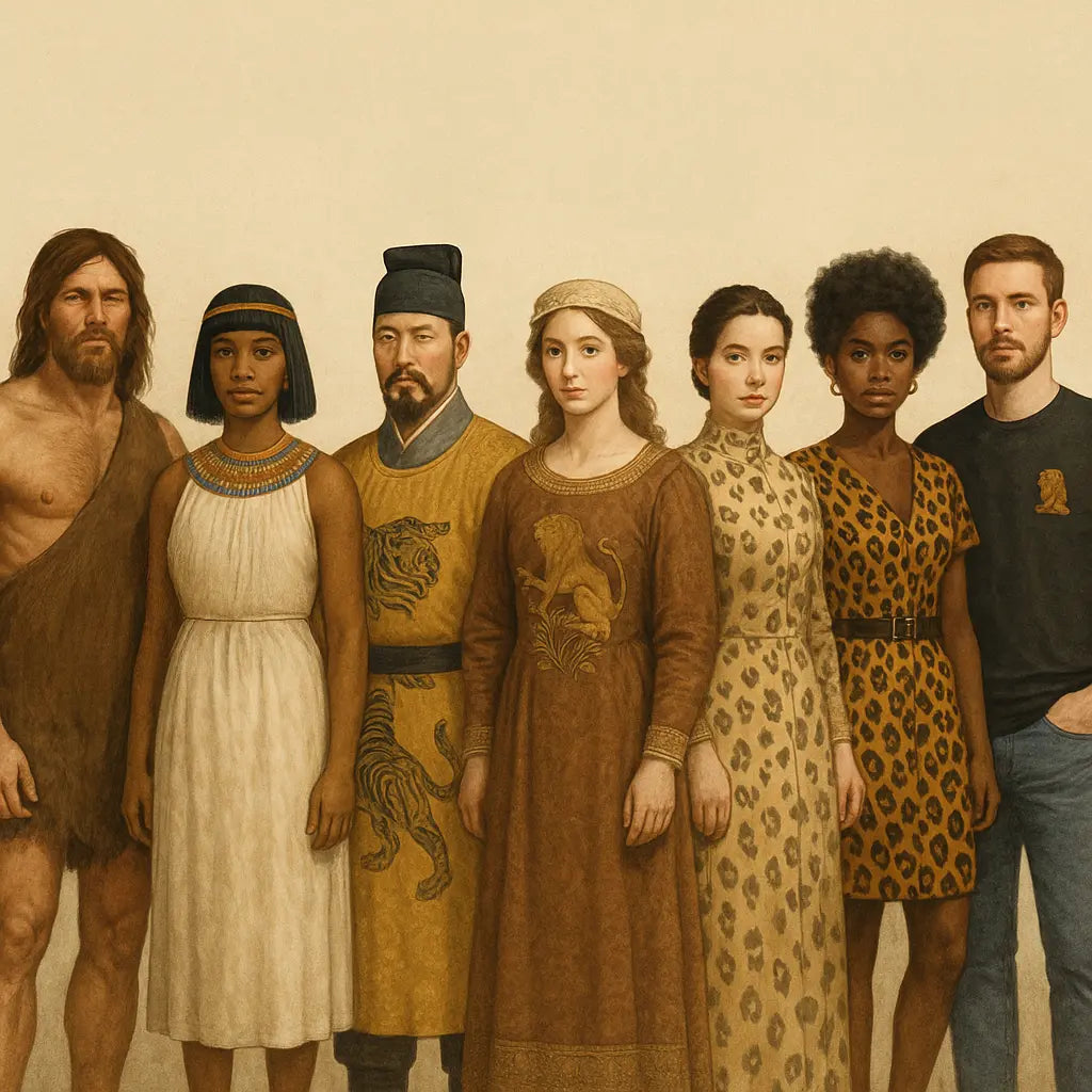 Photorealistic fashion timeline showcasing animal motif clothing through history — from primitive fur garments to Egyptian, Asian, medieval, renaissance, and modern embroidered designs — highlighting the evolution of animal-inspired fashion styles