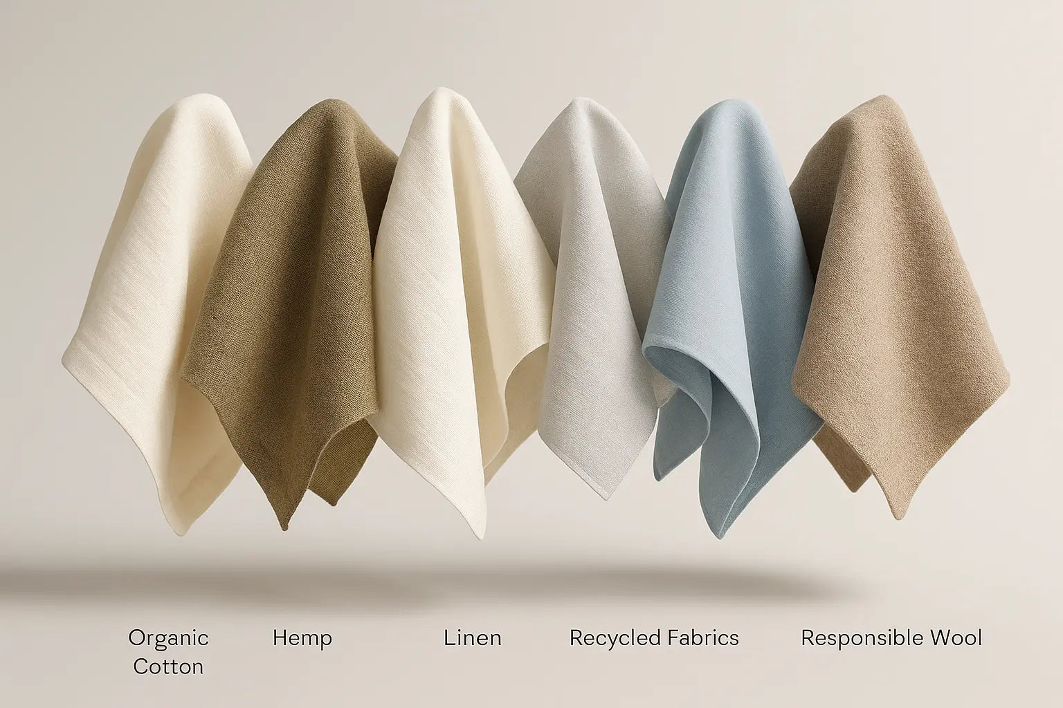 Eco-friendly fabrics product photo: organic cotton, hemp, linen, recycled fabric, Tencel, and responsible wool displayed realistically under natural light, highlighting texture and sustainability for conscious fashion.