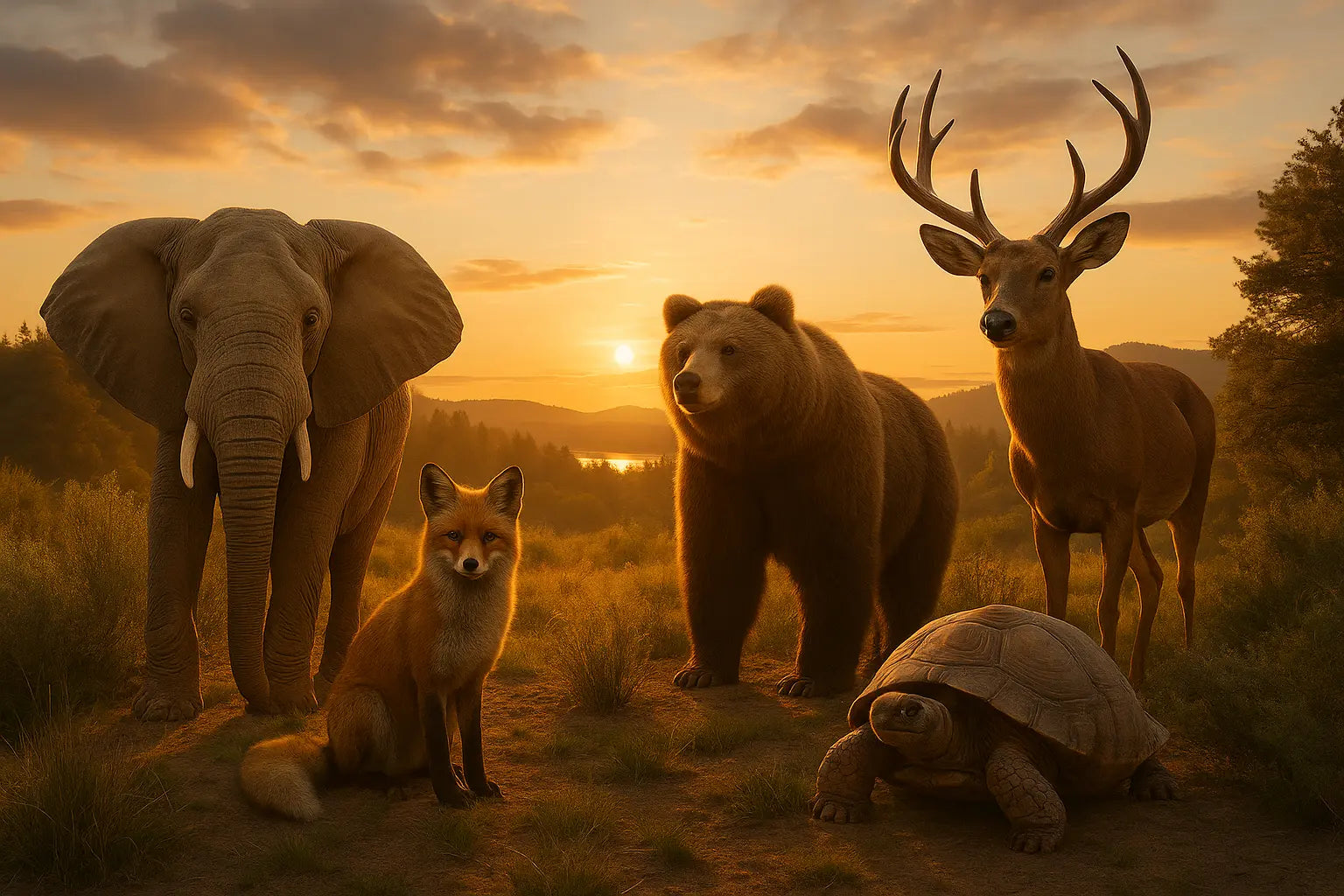 Elephant, fox, bear, deer, and turtle standing together in a natural sunset landscape, symbolizing wisdom, strength, adaptability, grace, and longevity.